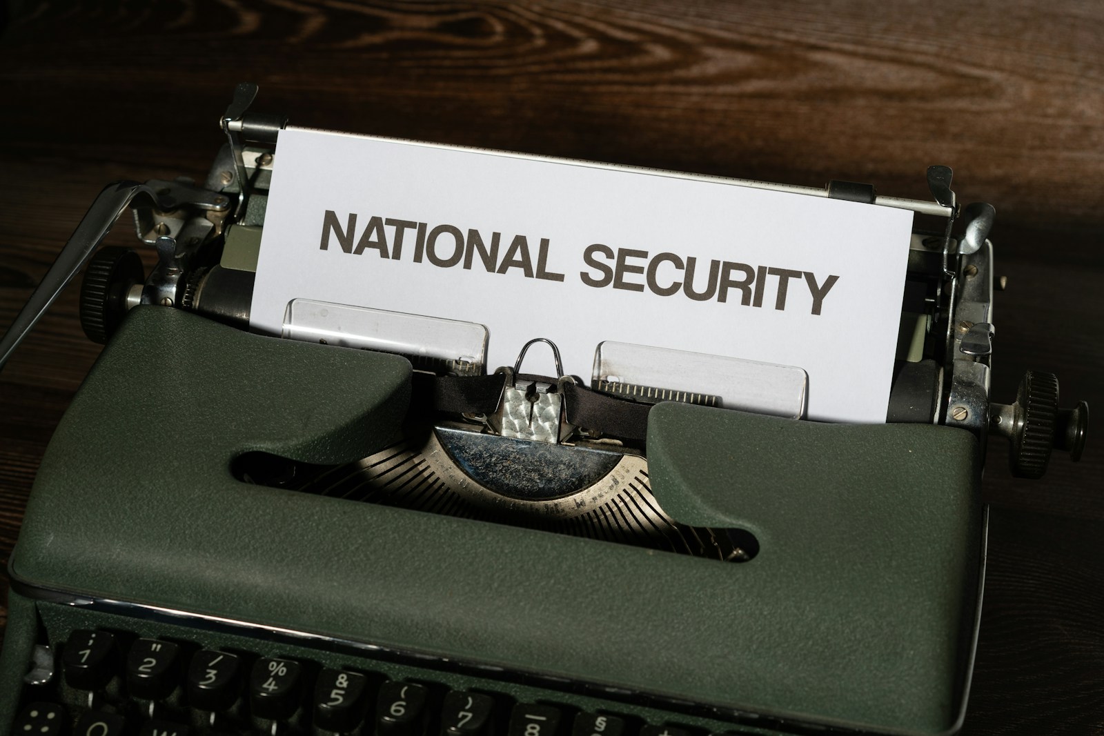 A typewriter bearing a page headed National Security